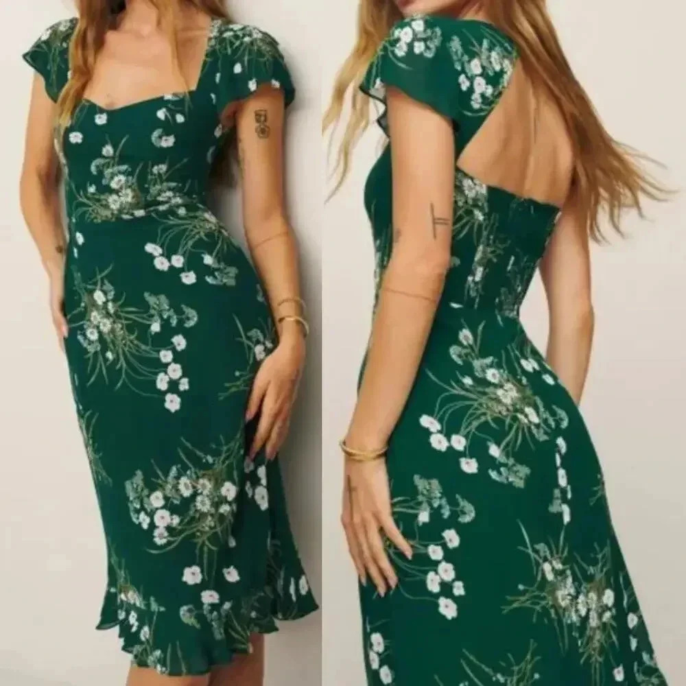 Reformation Rosi Dress Color Buena Green Sweetheart Neck Cut Out Back Size 4